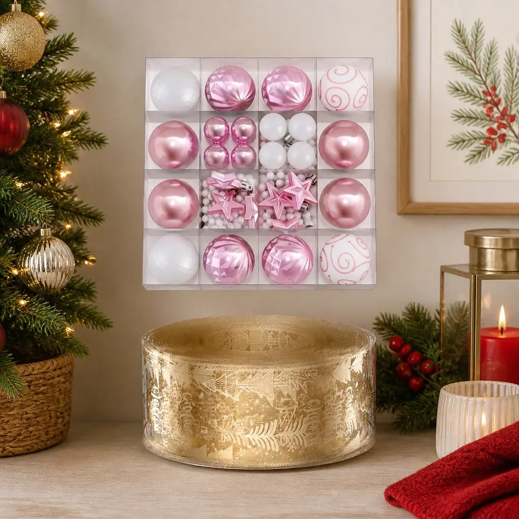 Christmas Tree Decoration Set Shatterproof Ornaments 34 Piece Gold Pink White