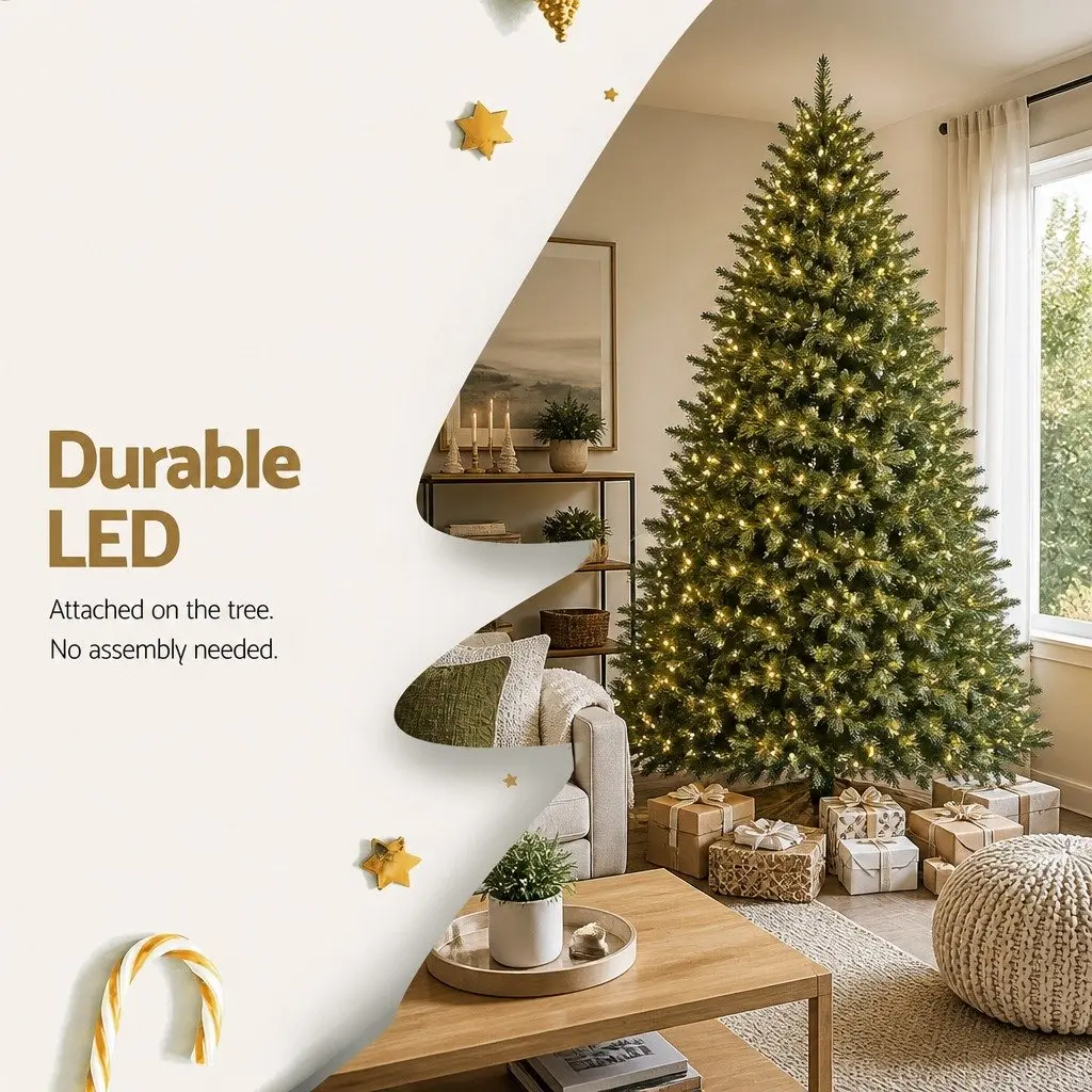 Christmas Tree Artificial Fir 2.4m Green Pre-lit with 1488 Warm White LEDs Home Decor