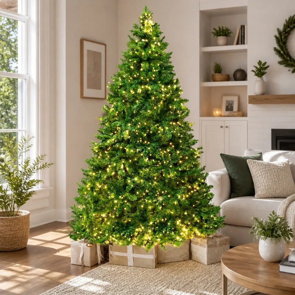 Christmas Tree Artificial Fir 2.4m Green Pre-lit with 1488 Warm White LEDs Home Decor