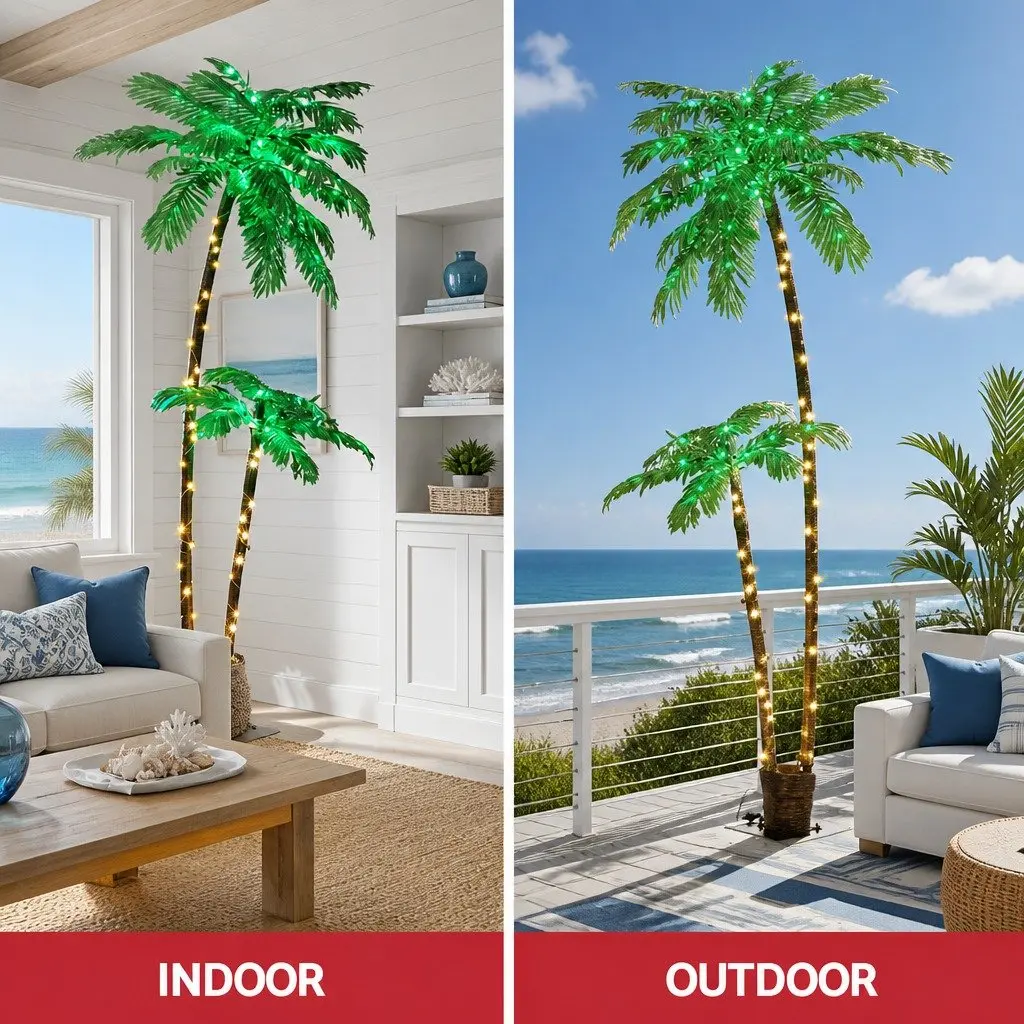 LED Christmas Palm Tree 2.1m Warm LED Lights PVC Fronds Metal Base Outdoor Decoration