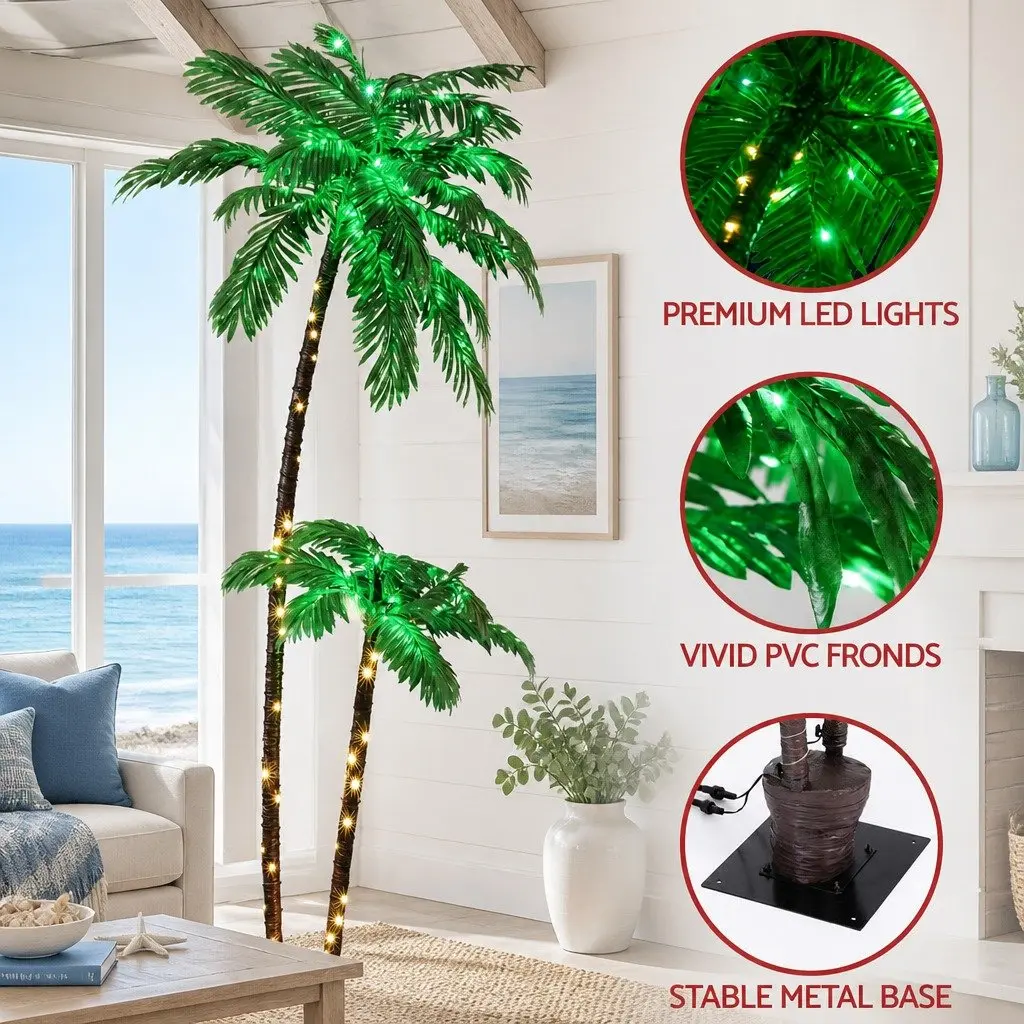 LED Christmas Palm Tree 2.1m Warm LED Lights PVC Fronds Metal Base Outdoor Decoration
