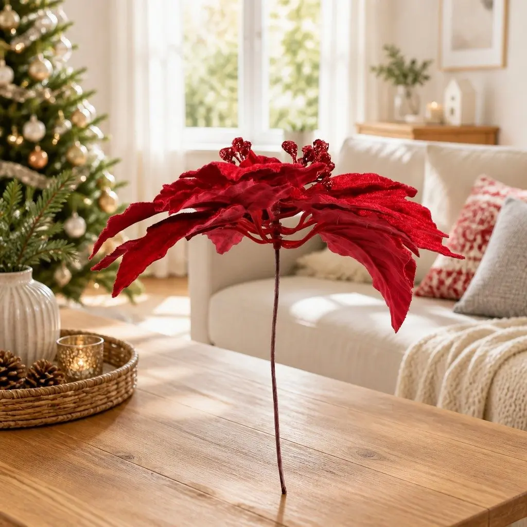 Poinsettia Flowers Red 14 Piece Christmas Tree Garland Wreath Ornaments Decoration