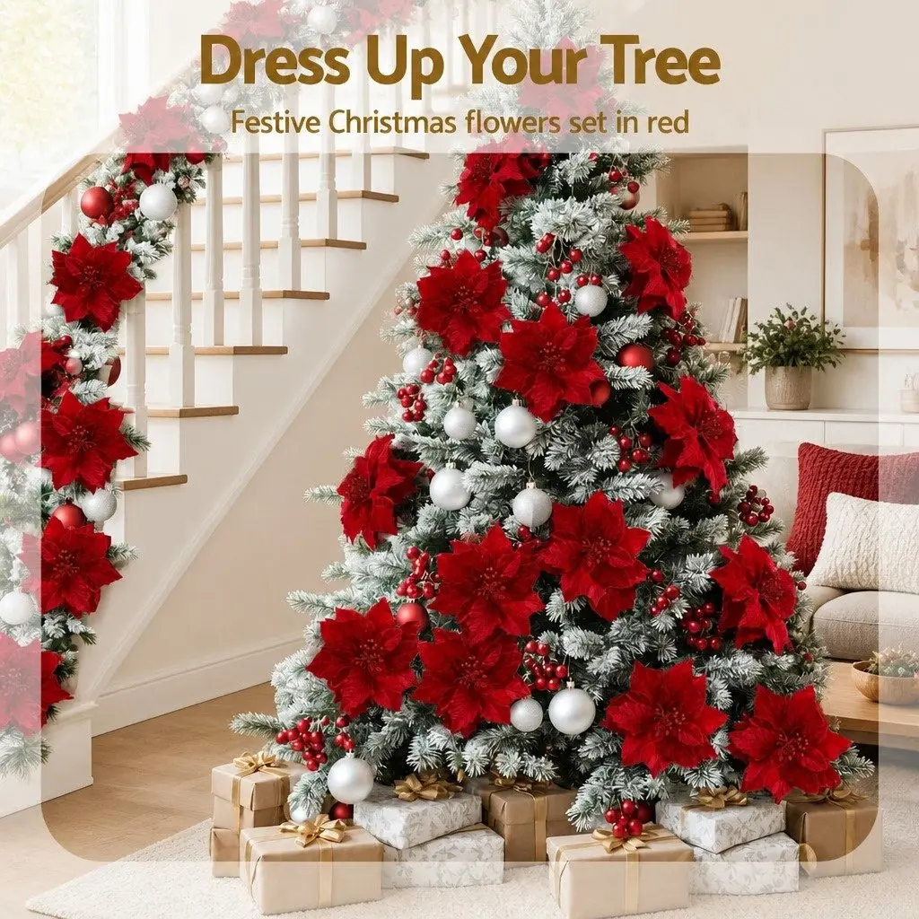 Poinsettia Flowers Red 14 Piece Christmas Tree Garland Wreath Ornaments Decoration