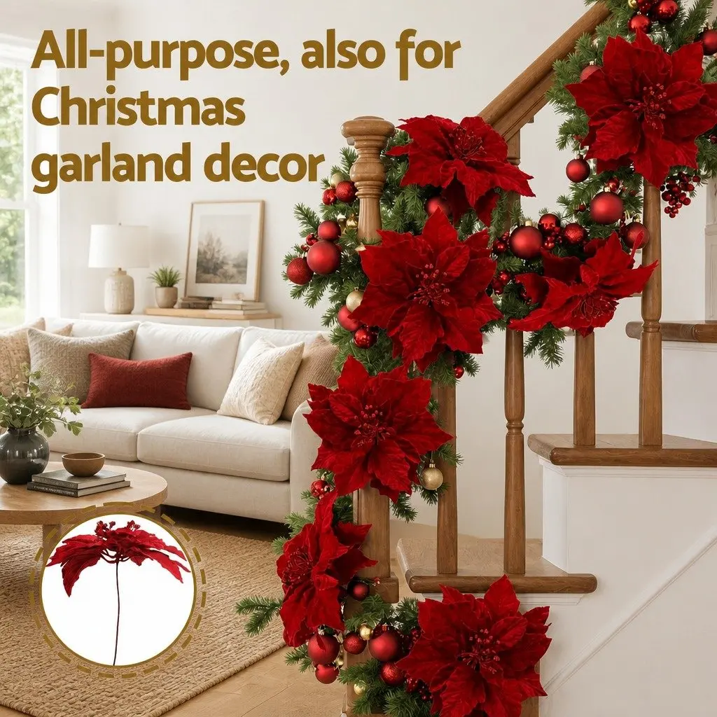 Poinsettia Flowers Red 14 Piece Christmas Tree Garland Wreath Ornaments Decoration