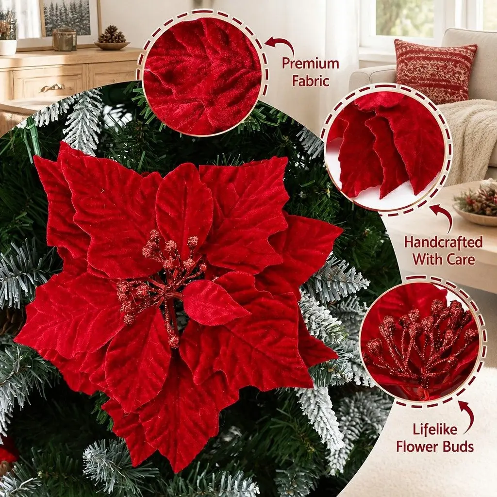 Poinsettia Flowers Red 14 Piece Christmas Tree Garland Wreath Ornaments Decoration
