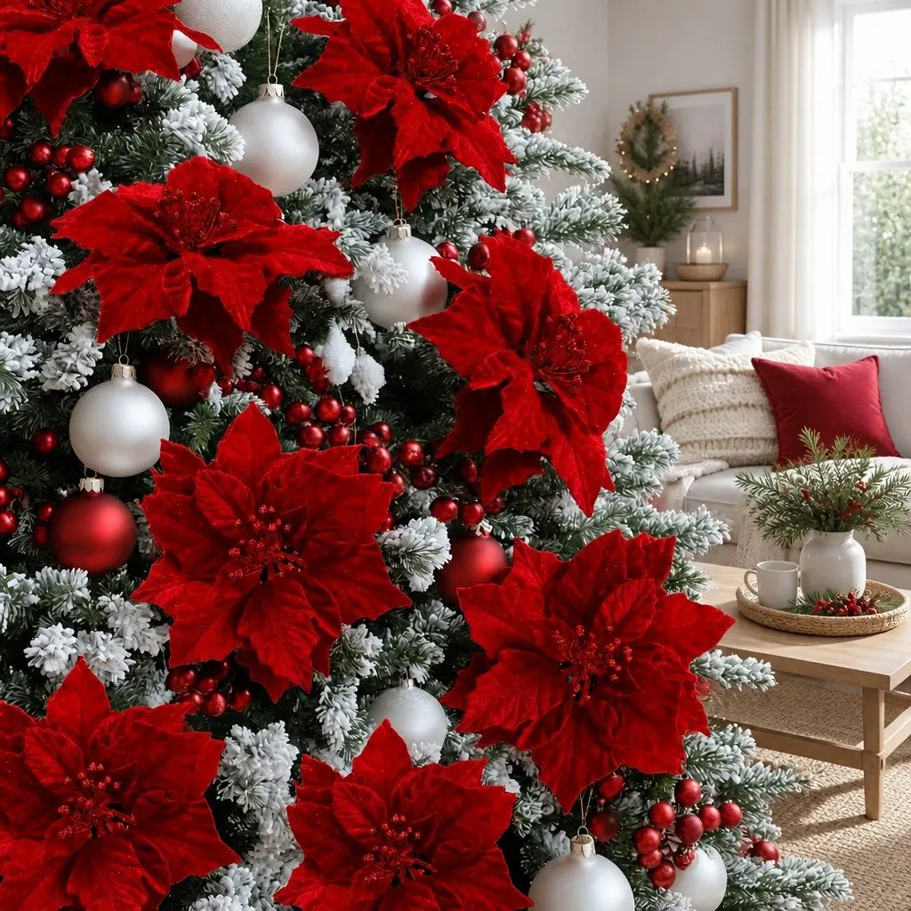 Poinsettia Flowers Red 14 Piece Christmas Tree Garland Wreath Ornaments Decoration