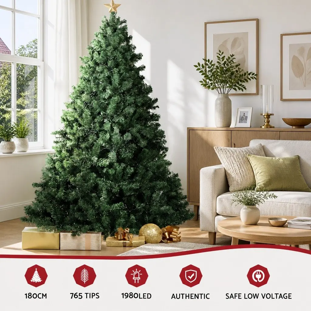 Pre-Lit Christmas Tree 1.8M Green PVC with 1980 LEDs and 8 Light Modes
