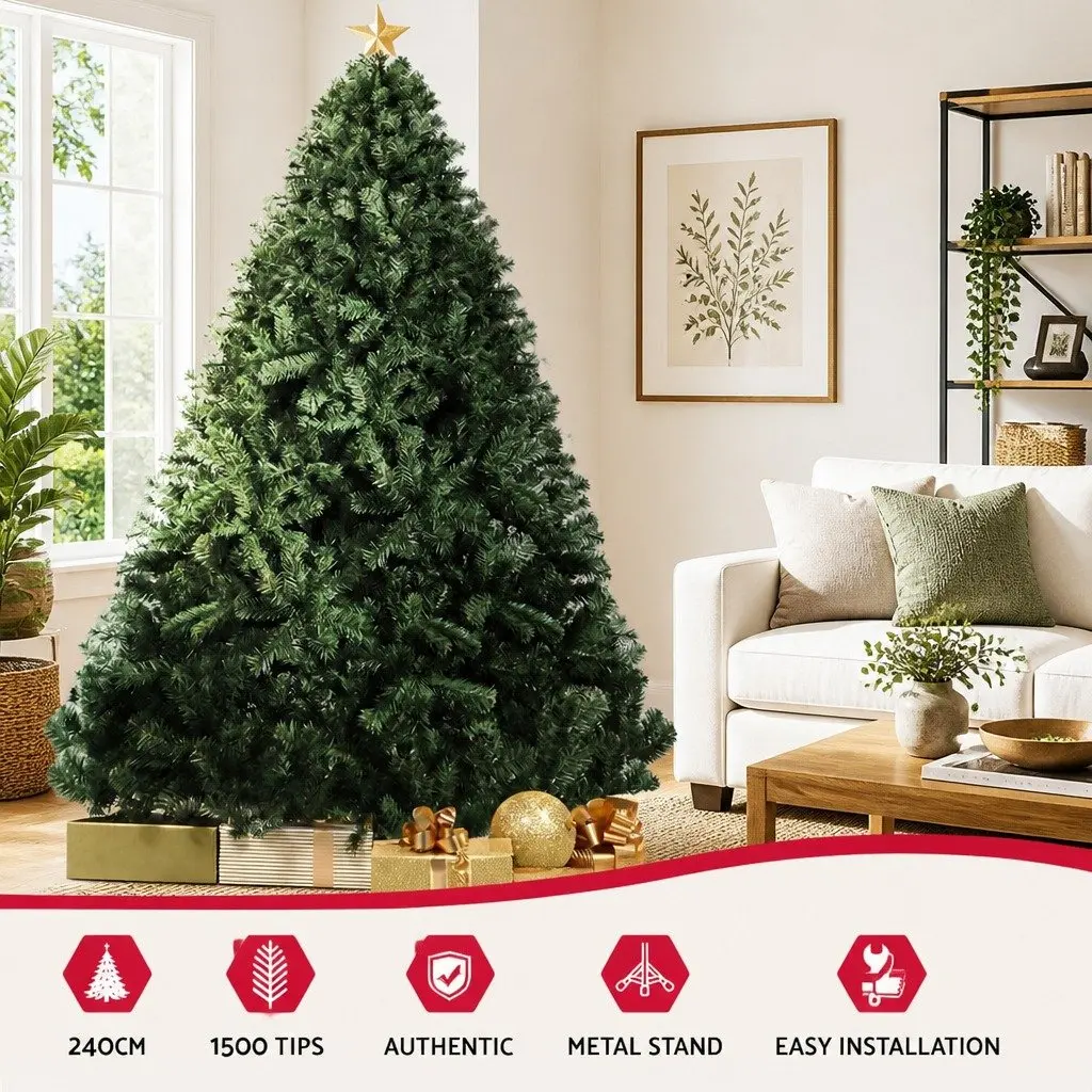 Artificial Christmas Tree Green Fir 2.4M 1500 Tips PVC Holiday Decoration with Bushy Symmetrical Branches