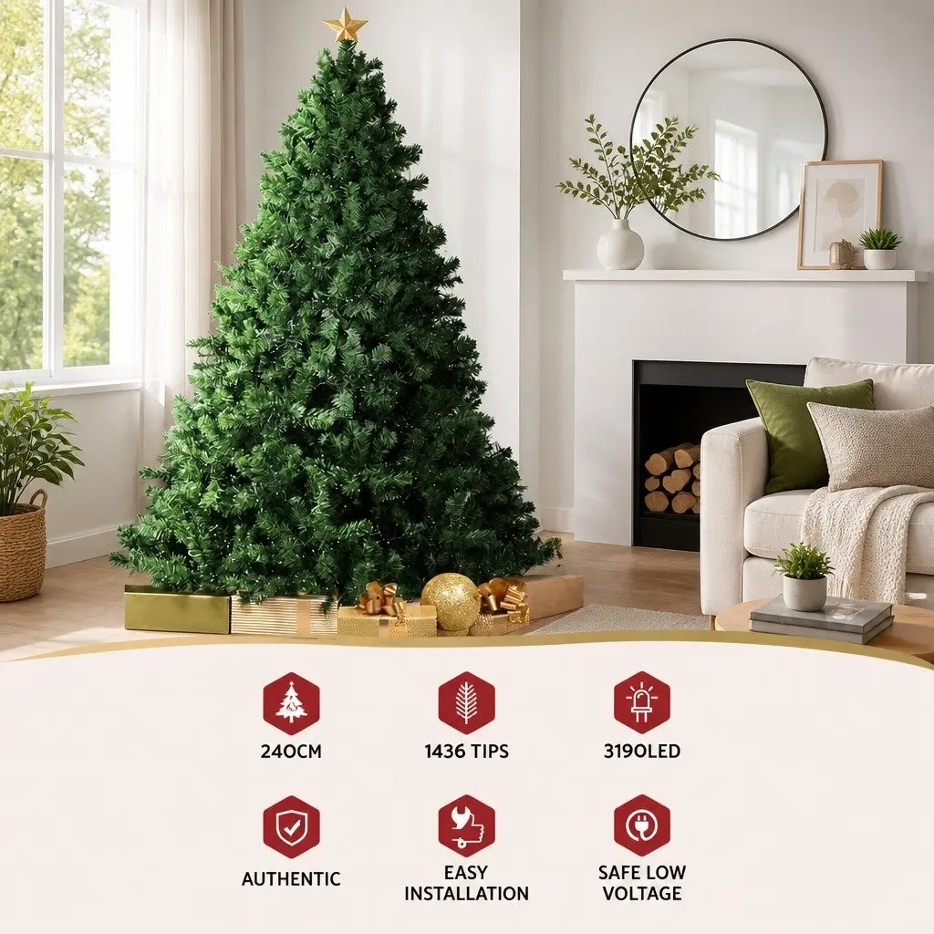 Pre-Lit Christmas Tree Green Faux Fir 2.4M 3190 LED 8 Light Modes Indoor Decoration