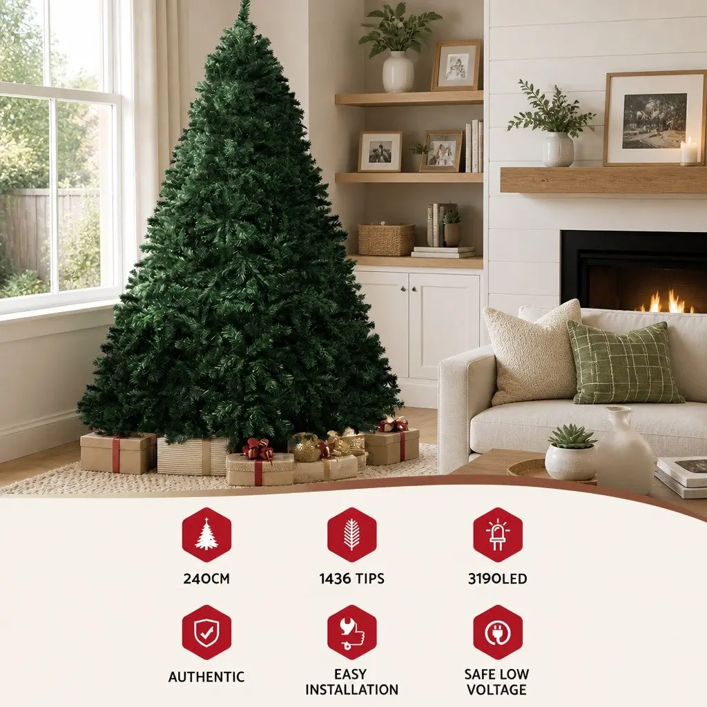 Christmas Tree Pre-Lit 2.4M Green PVC 8FT Multi Colour LED