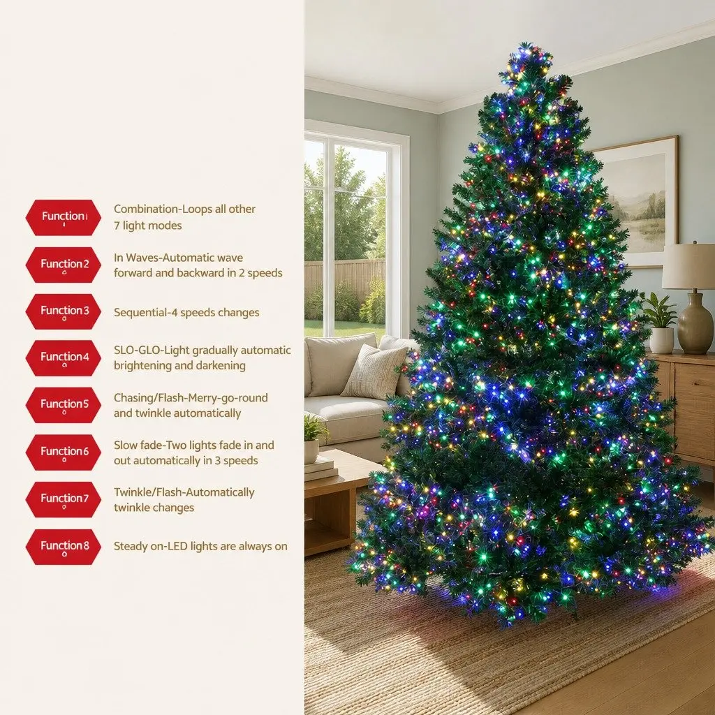 Christmas Tree Pre-Lit 2.4M Green PVC 8FT Multi Colour LED