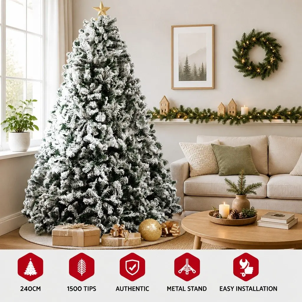 Christmas Tree 8FT Snow Flocked Artificial Xmas Decorations 1500 Tips Green