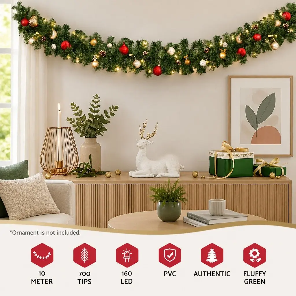 Christmas Garland Prelit PVC 10M Green with 160 Warm LED Lights 700 Tips Indoor Outdoor