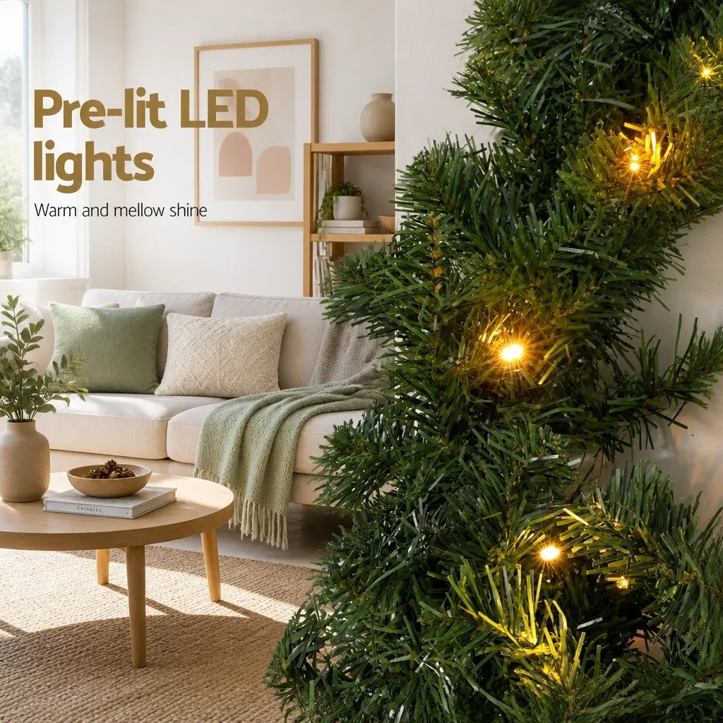 Christmas Garland Prelit PVC 10M Green with 160 Warm LED Lights 700 Tips Indoor Outdoor