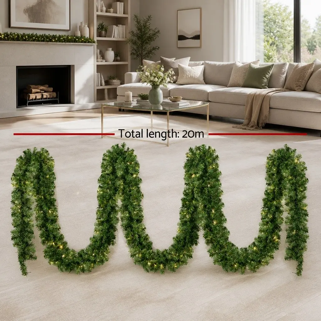Green Prelit Christmas Garland 20 Metre with 300 Warm LED Lights and 1400 Tips Indoor Outdoor Decoration