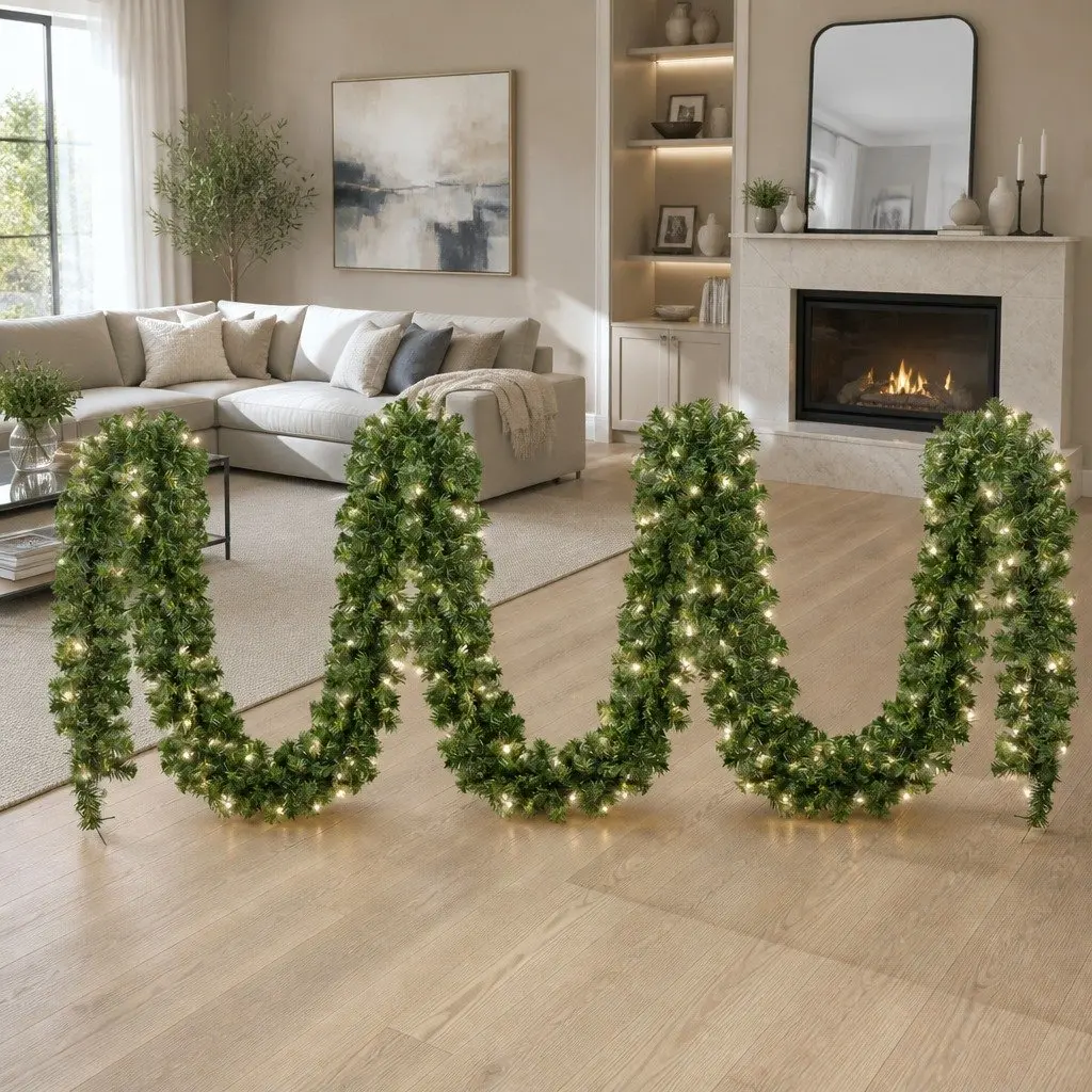 Green Prelit Christmas Garland 20 Metre with 300 Warm LED Lights and 1400 Tips Indoor Outdoor Decoration