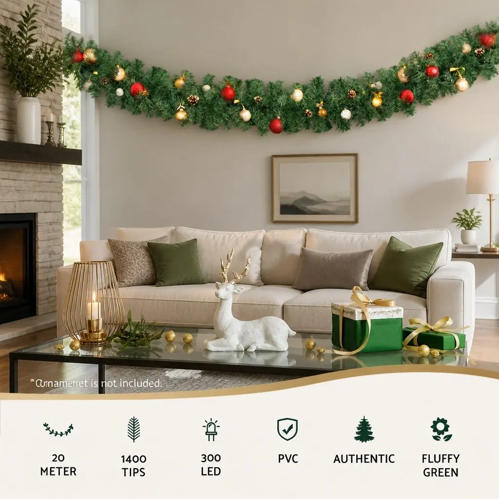 Green Prelit Christmas Garland 20 Metre with 300 Warm LED Lights and 1400 Tips Indoor Outdoor Decoration