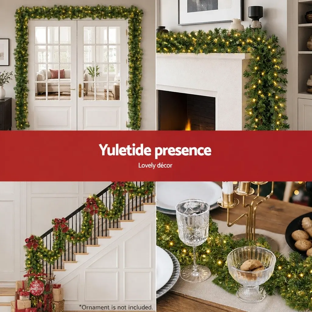Green Prelit Christmas Garland 20 Metre with 300 Warm LED Lights and 1400 Tips Indoor Outdoor Decoration