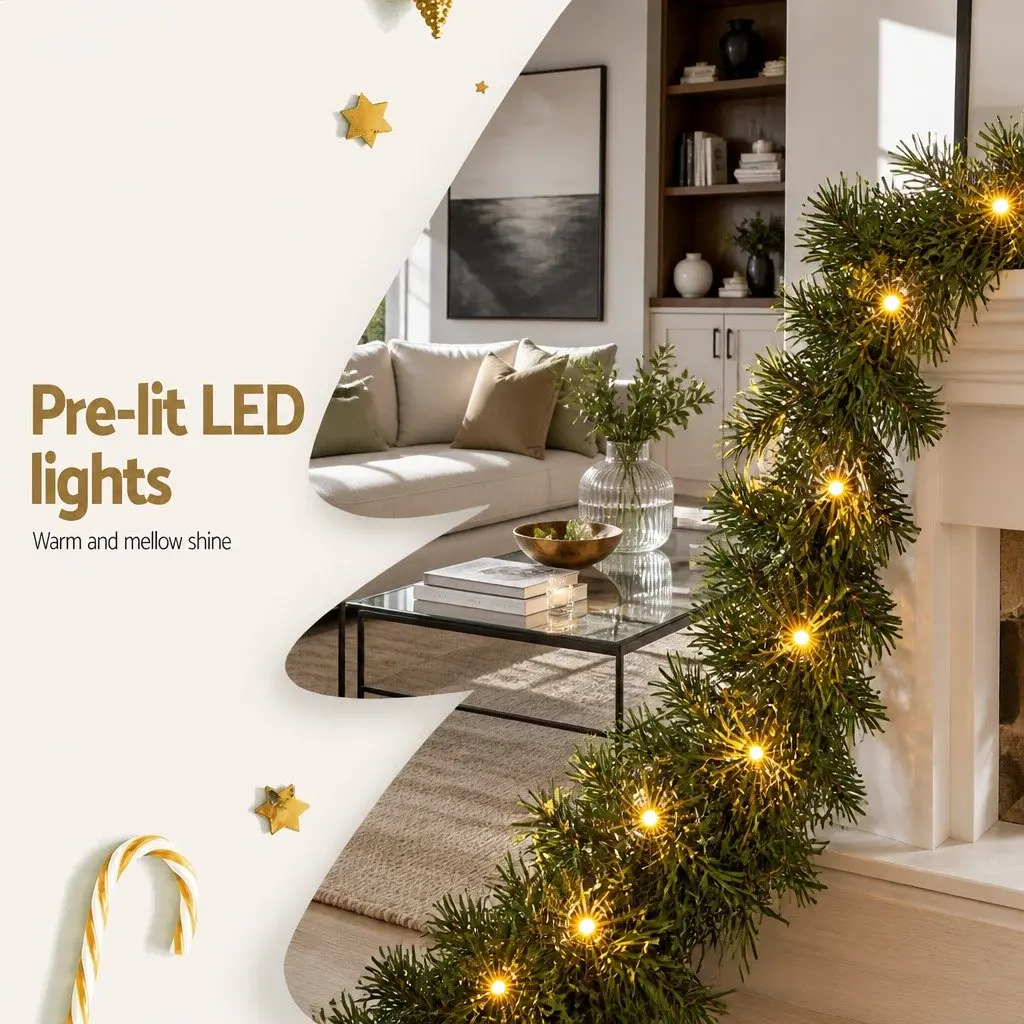 Green Prelit Christmas Garland 20 Metre with 300 Warm LED Lights and 1400 Tips Indoor Outdoor Decoration