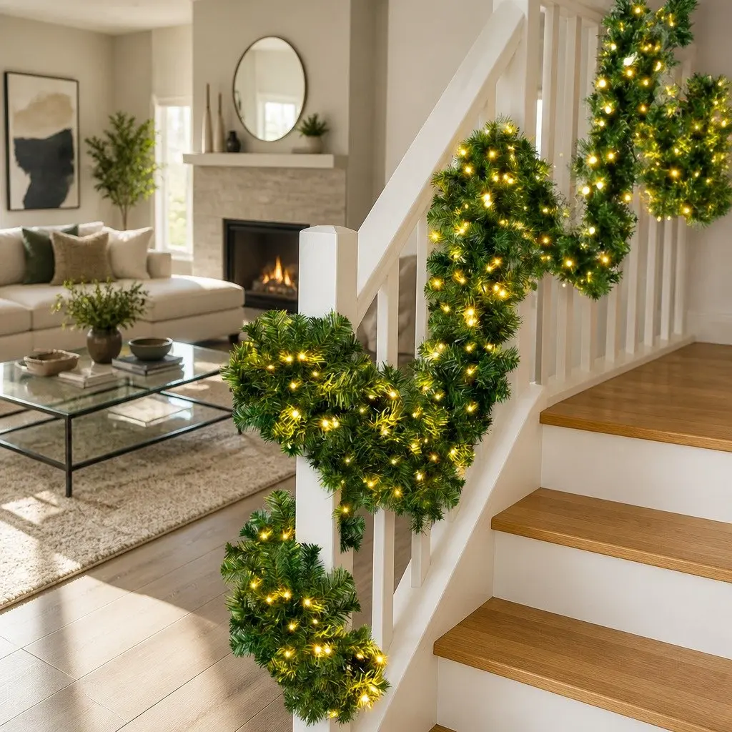 Green Prelit Christmas Garland 20 Metre with 300 Warm LED Lights and 1400 Tips Indoor Outdoor Decoration