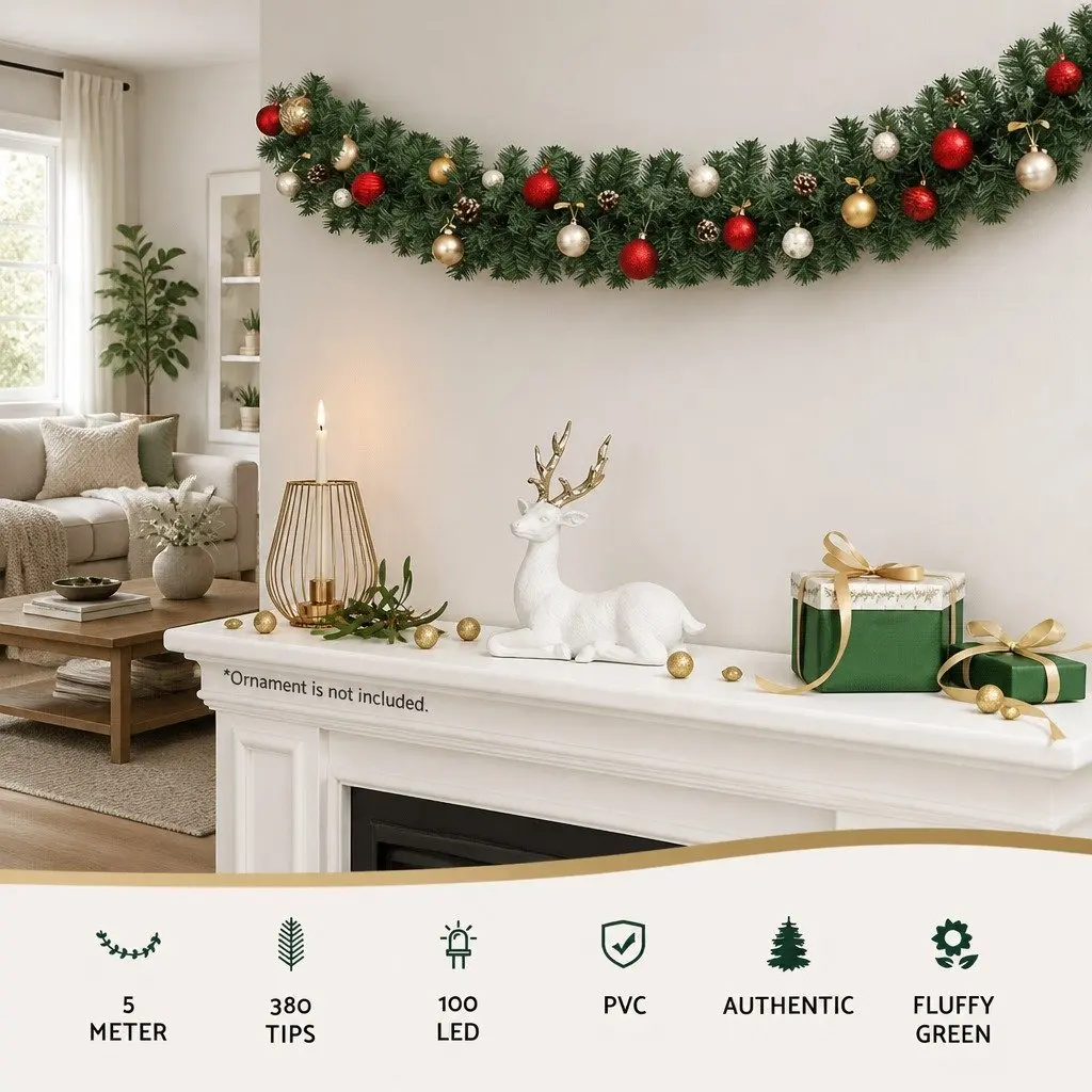 Christmas Garland 5 Meter Green Prelit PVC Warm LED Indoor Outdoor Decoration
