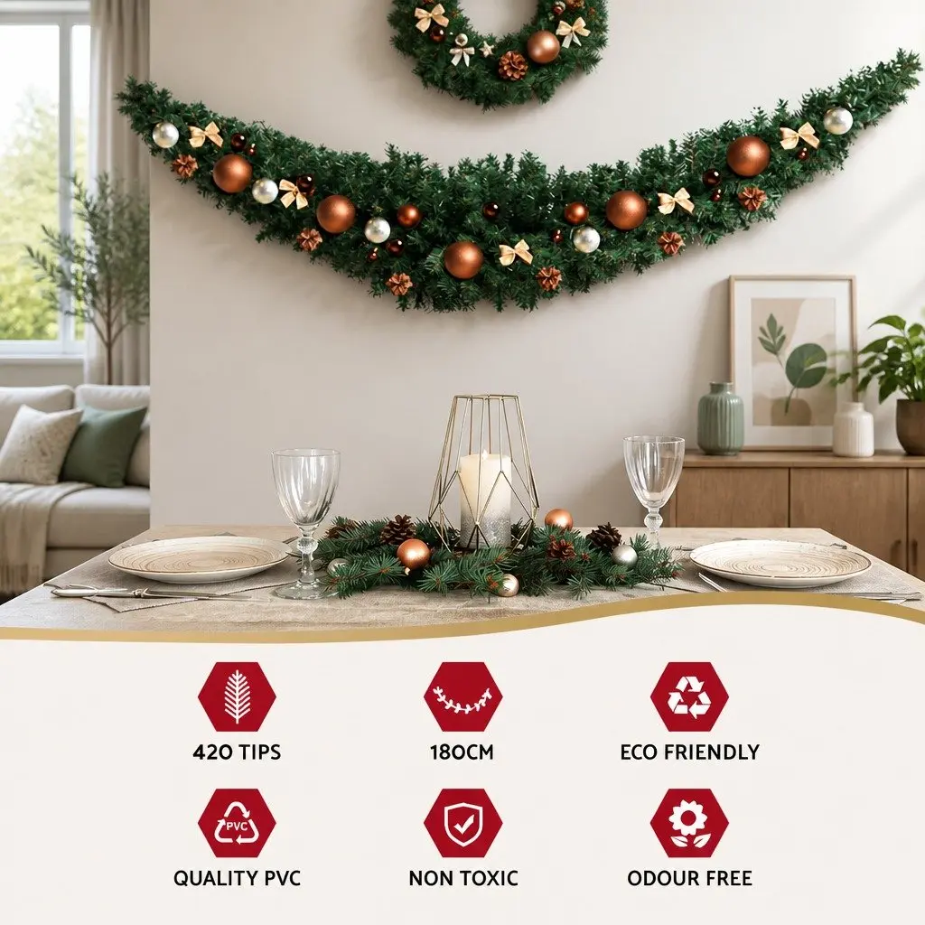 Green Christmas Garland 1.8m Xmas Decorations Indoor Outdoor Lights Mantel