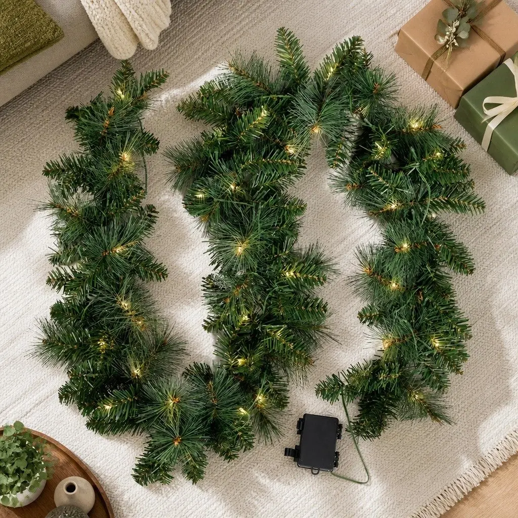 Christmas Garland 1.8m Green PVC Prelit Warm LED Lights Indoor Outdoor Decoration