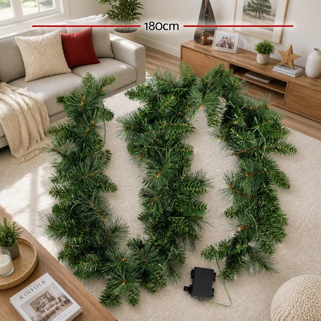 Christmas Garland 1.8m Green PVC Prelit Warm LED Lights Indoor Outdoor Decoration