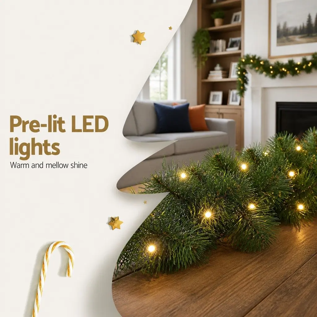 Christmas Garland 1.8m Green PVC Prelit Warm LED Lights Indoor Outdoor Decoration
