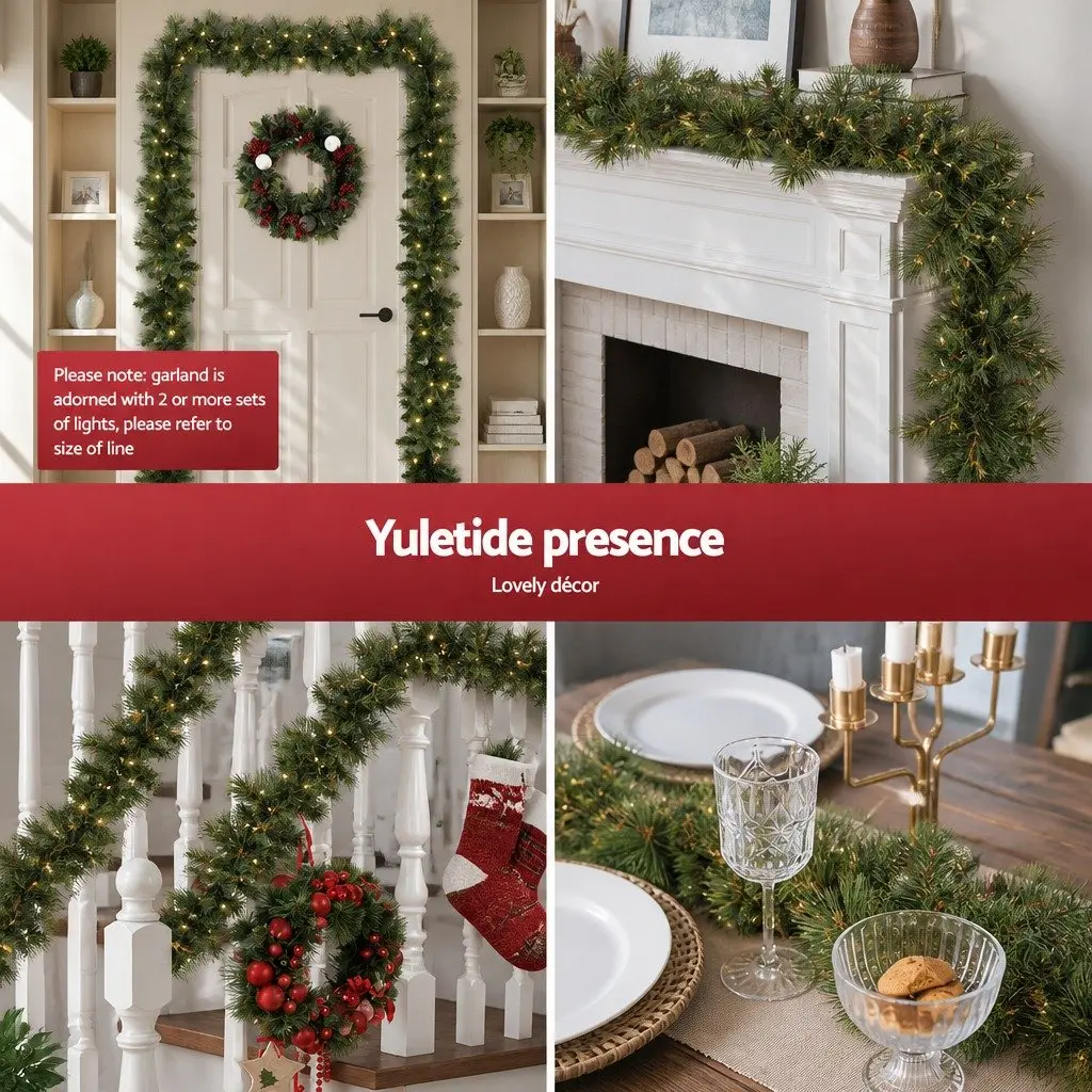 Christmas Garland 1.8m Green PVC Prelit Warm LED Lights Indoor Outdoor Decoration