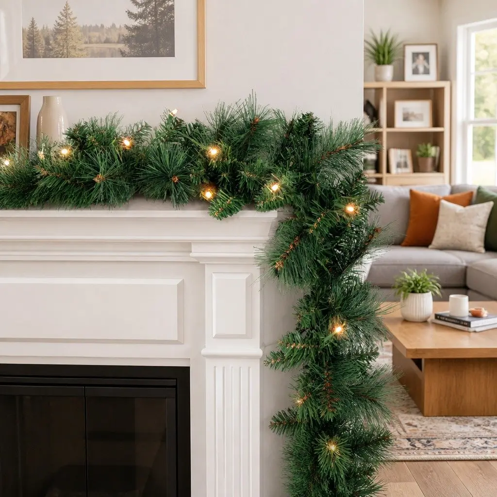 Christmas Garland 1.8m Green PVC Prelit Warm LED Lights Indoor Outdoor Decoration