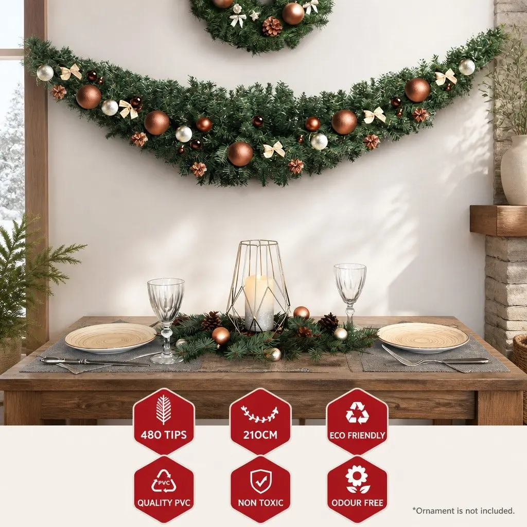 Christmas Garland Green 2.1m PVC Pre-lit Indoor Outdoor Decoration
