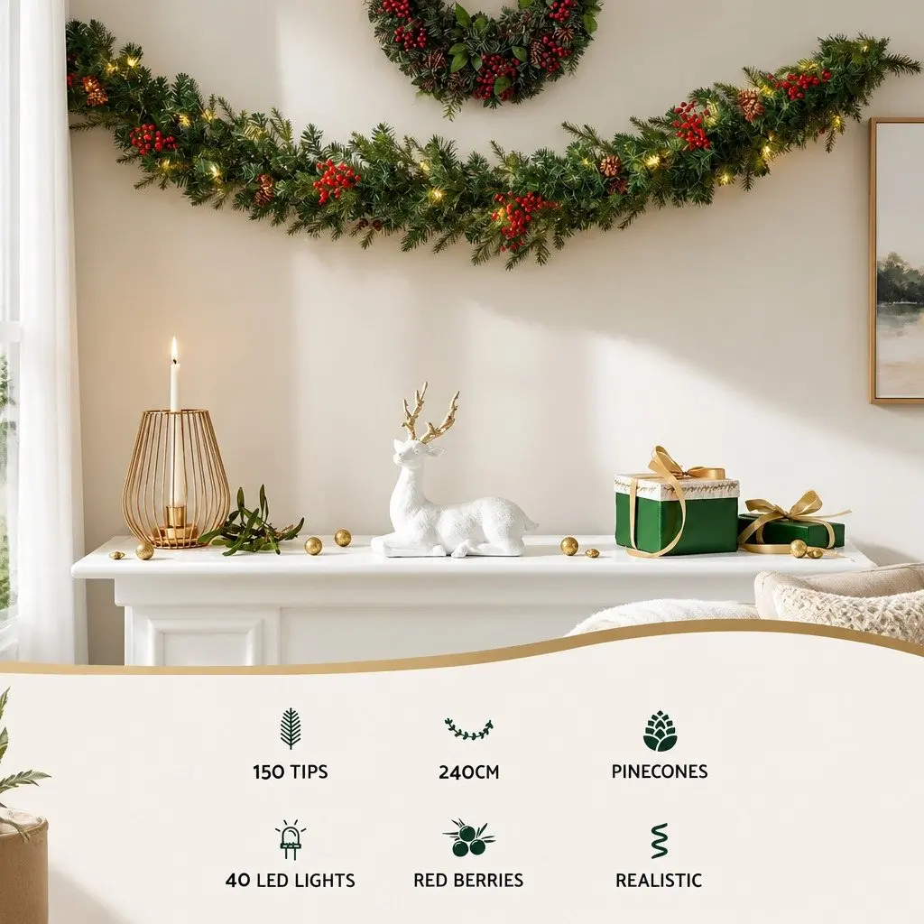 Pre-lit Christmas Garland 2.4m Warm White LED Indoor Outdoor with Artificial Red Berries and Pine Cones