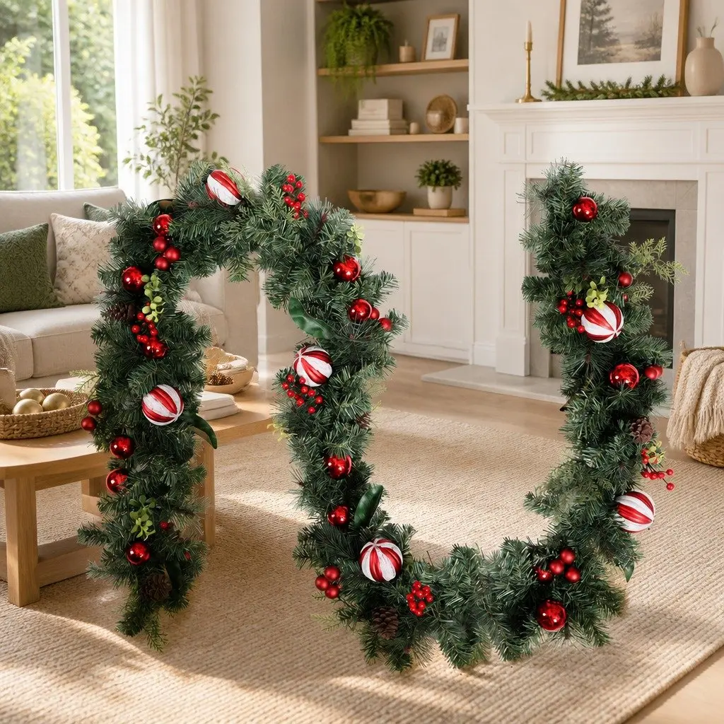 Christmas Garland 2.7m Green with Lights Baubles Berries Pine Cones