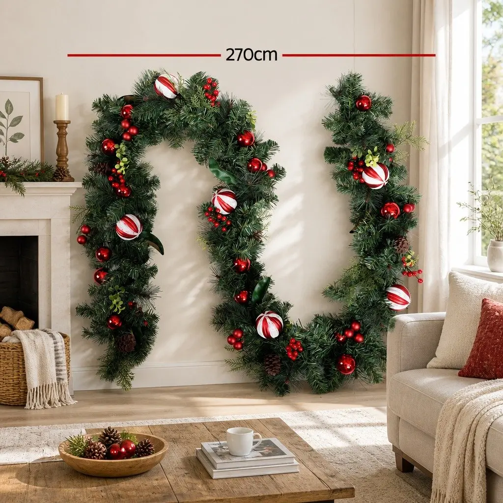 Christmas Garland 2.7m Green with Lights Baubles Berries Pine Cones