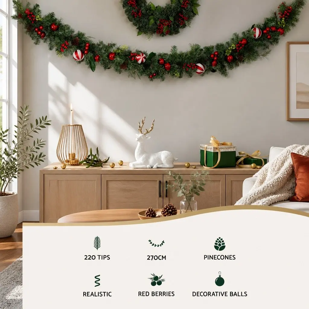 Christmas Garland 2.7m Green with Lights Baubles Berries Pine Cones