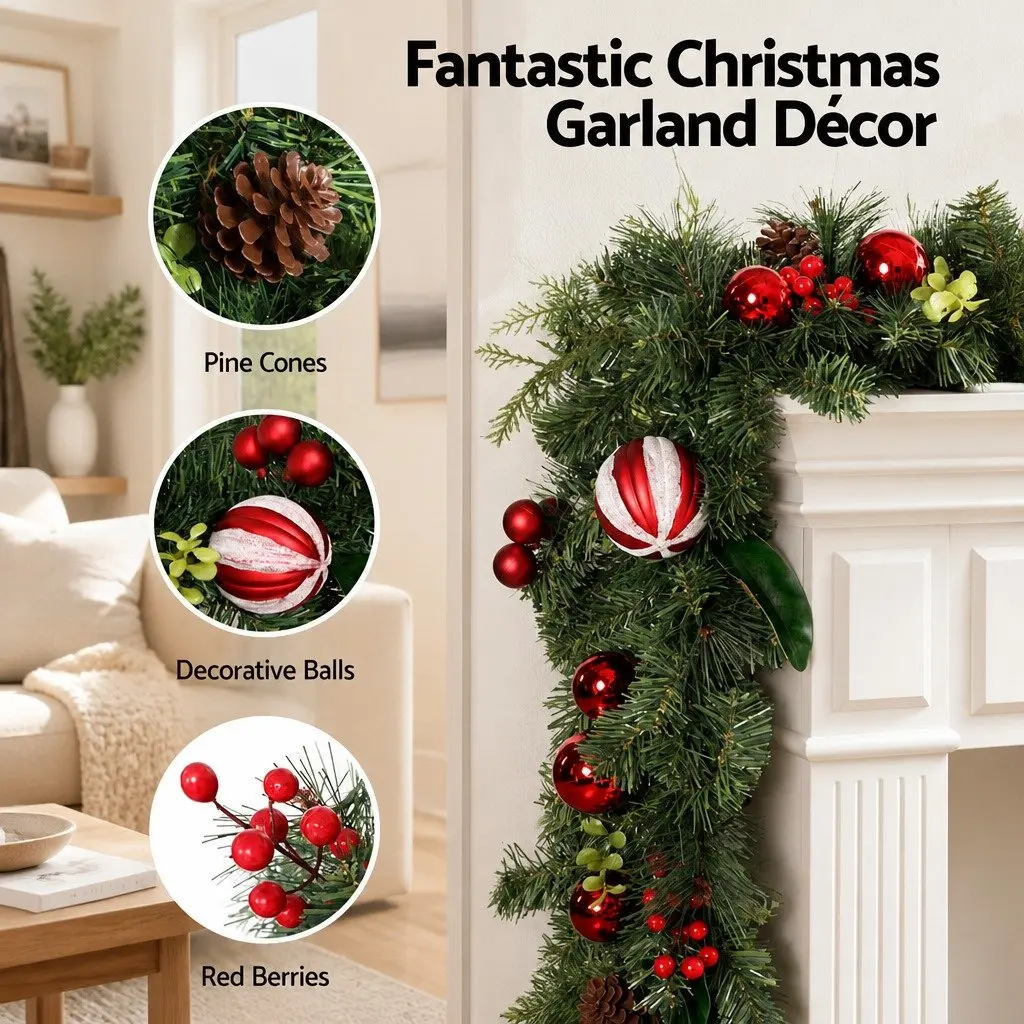 Christmas Garland 2.7m Green with Lights Baubles Berries Pine Cones