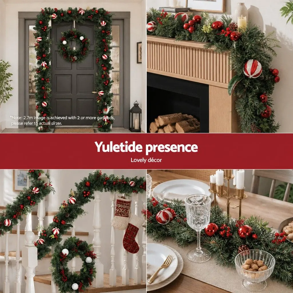 Christmas Garland 2.7m Green with Lights Baubles Berries Pine Cones