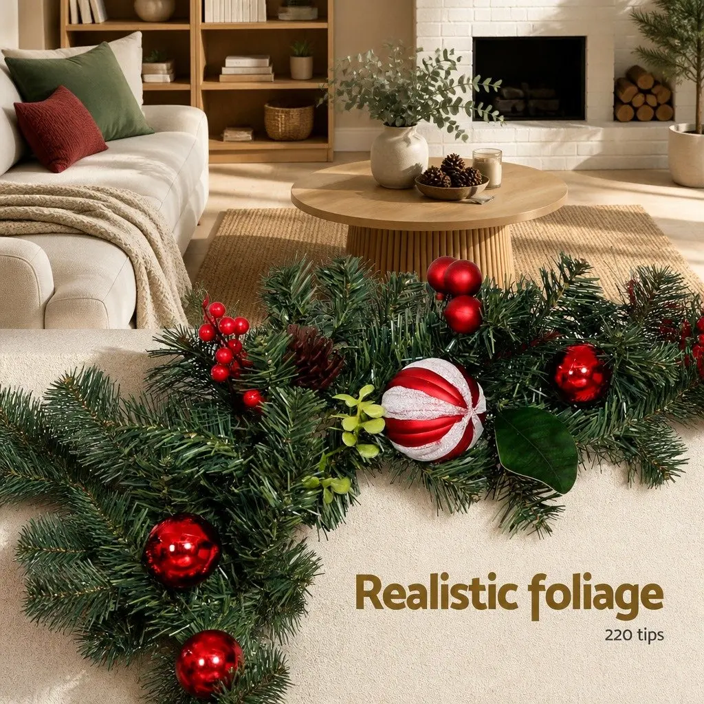 Christmas Garland 2.7m Green with Lights Baubles Berries Pine Cones
