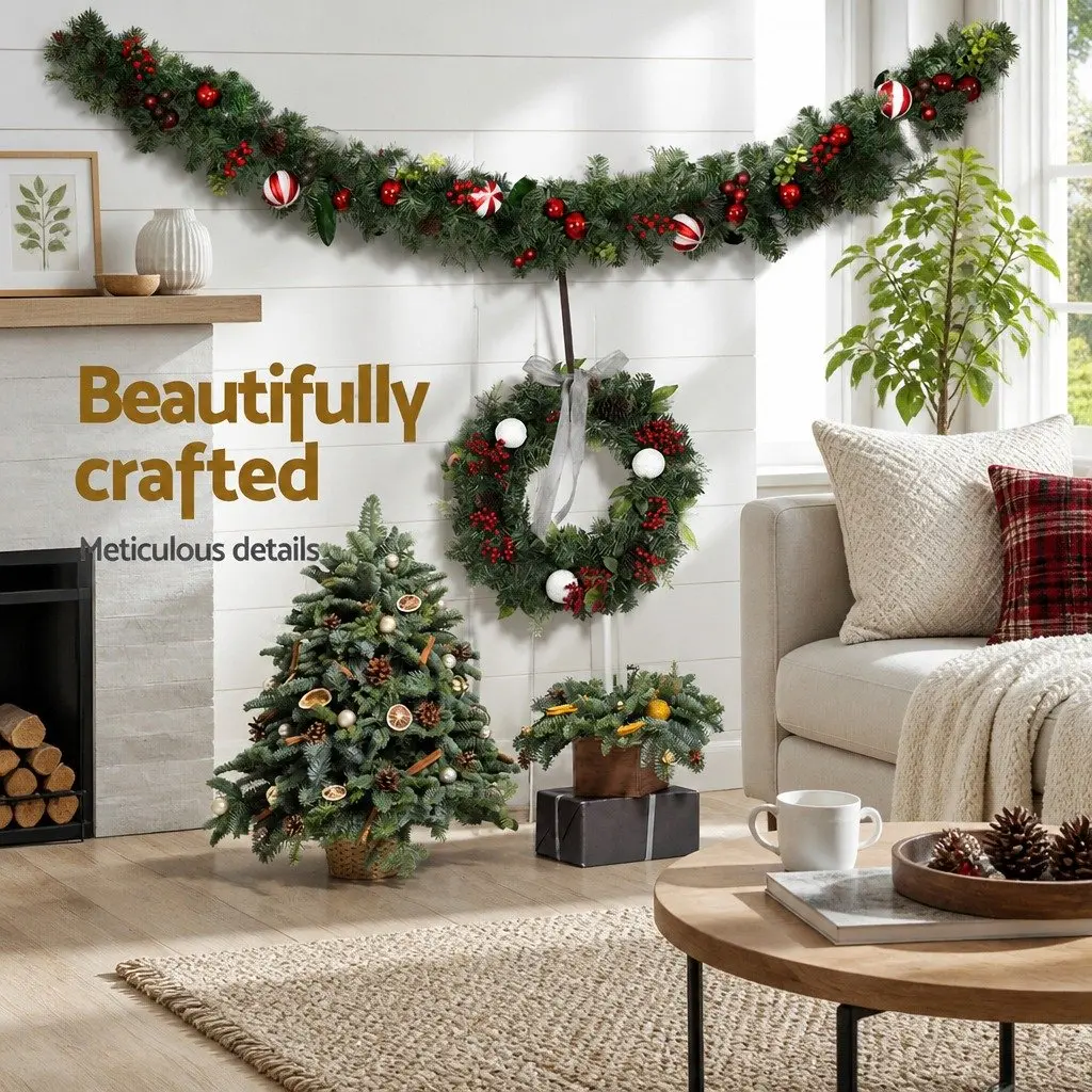 Christmas Garland 2.7m Green with Lights Baubles Berries Pine Cones