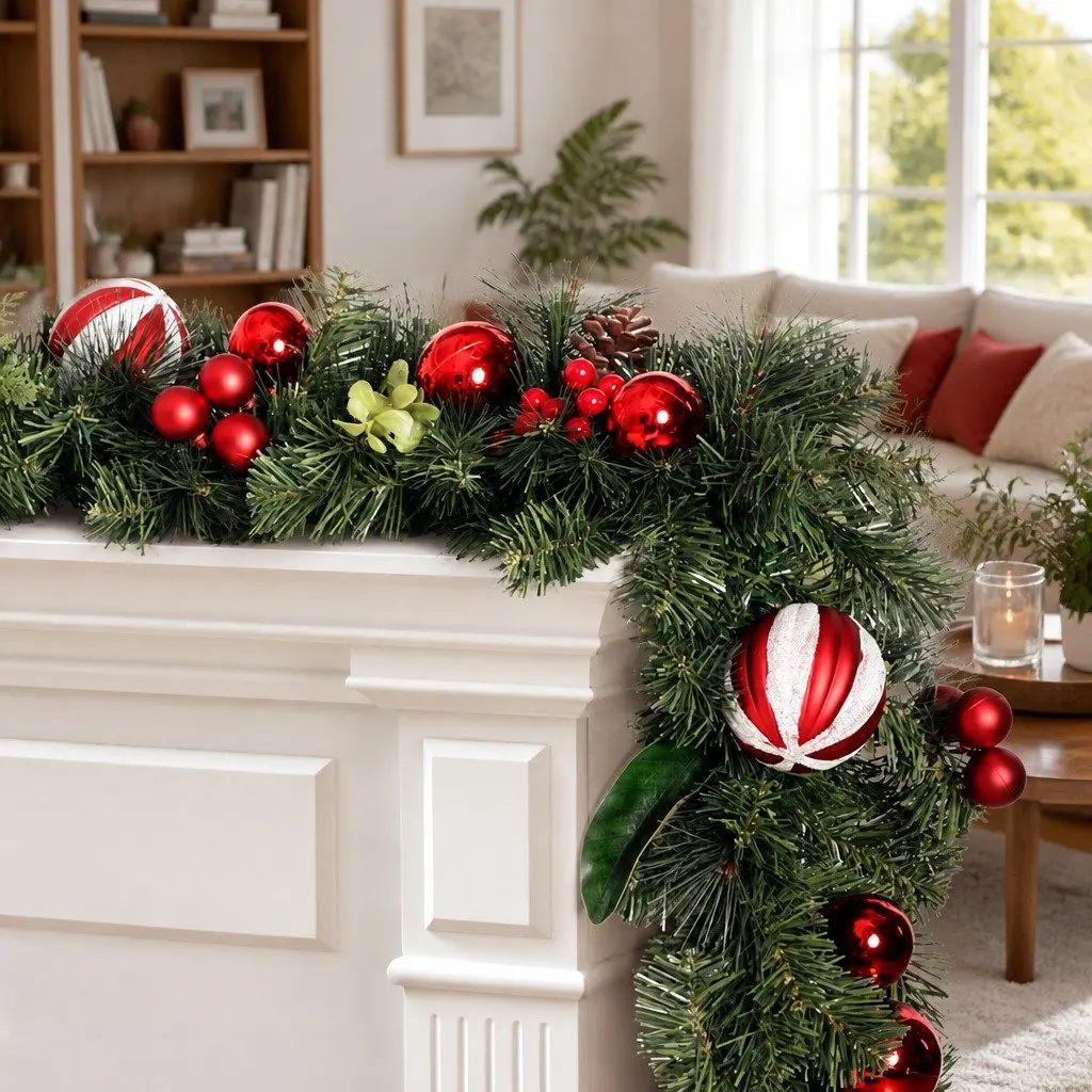 Christmas Garland 2.7m Green with Lights Baubles Berries Pine Cones