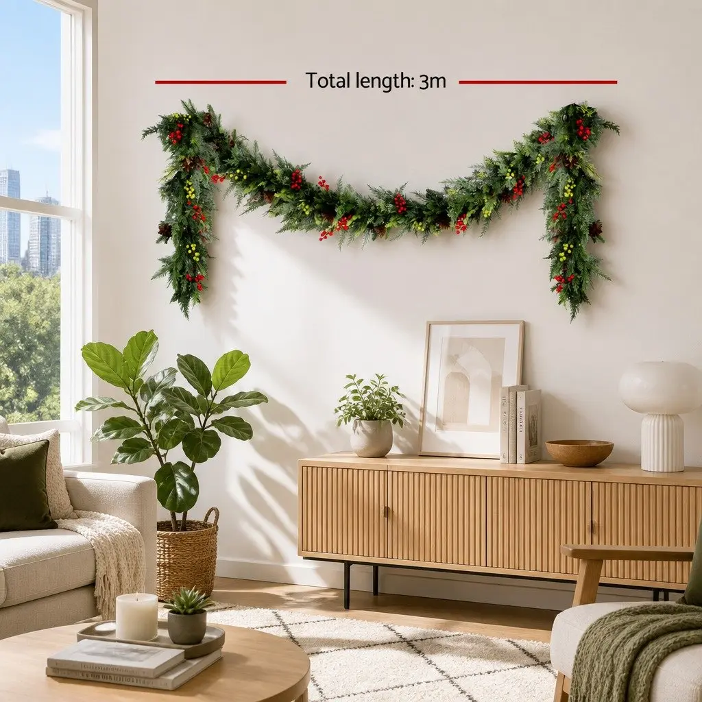 Pre-lit Christmas Garland 3 Metre Warm White LED Lights Green Pine Cones Berries Indoor Outdoor