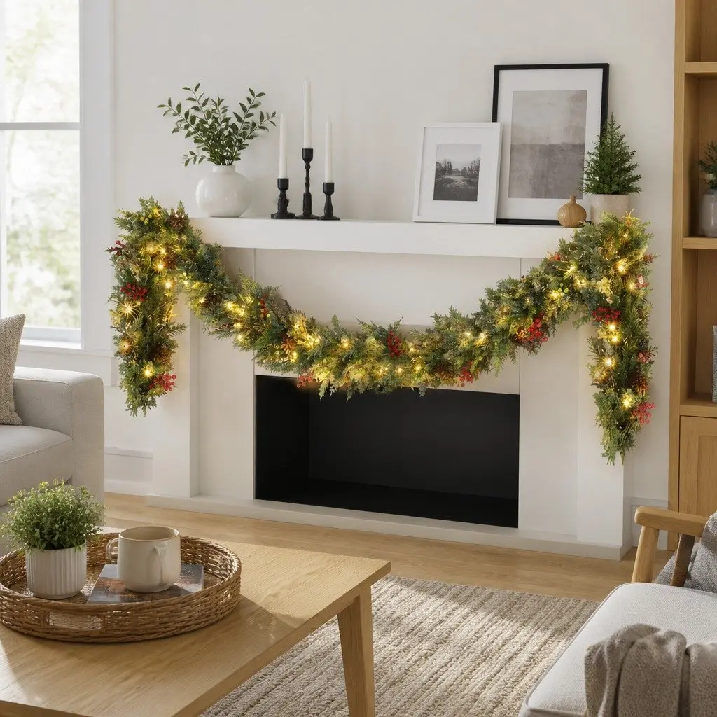 Pre-lit Christmas Garland 3 Metre Warm White LED Lights Green Pine Cones Berries Indoor Outdoor