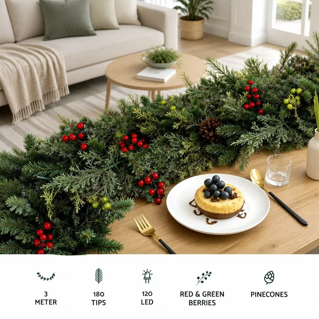 Pre-lit Christmas Garland 3 Metre Warm White LED Lights Green Pine Cones Berries Indoor Outdoor