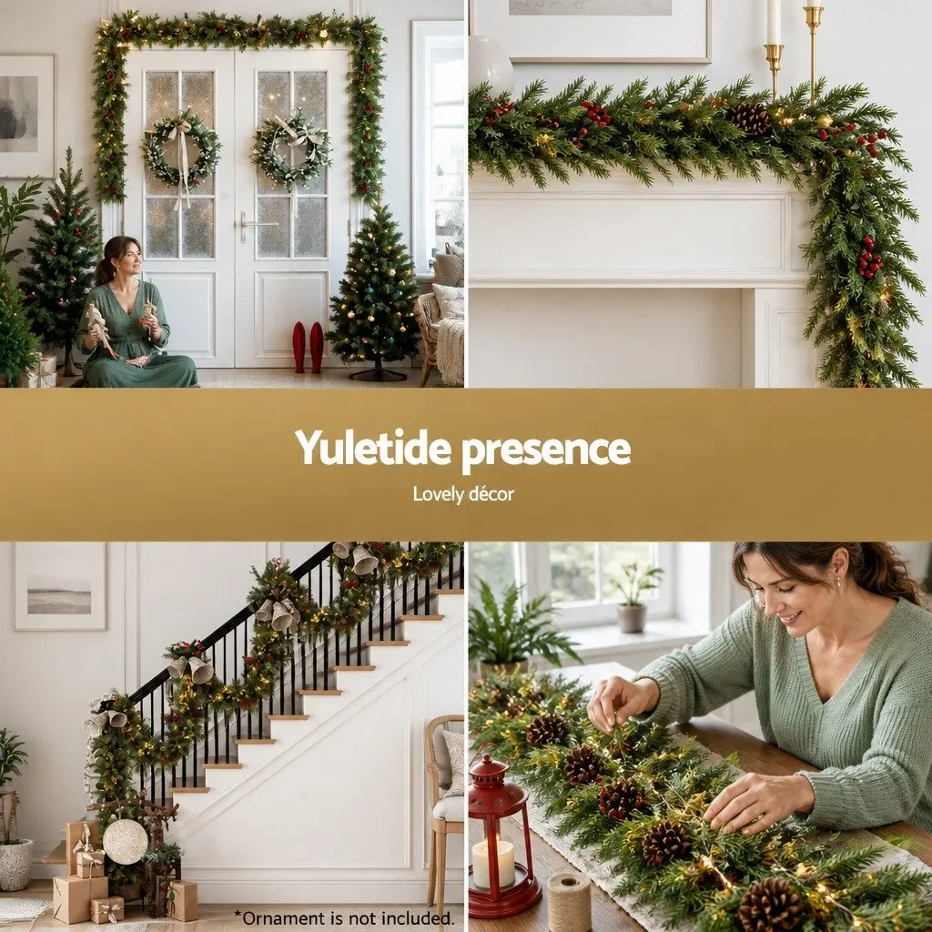 Pre-lit Christmas Garland 3 Metre Warm White LED Lights Green Pine Cones Berries Indoor Outdoor