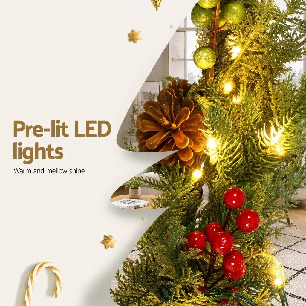 Pre-lit Christmas Garland 3 Metre Warm White LED Lights Green Pine Cones Berries Indoor Outdoor