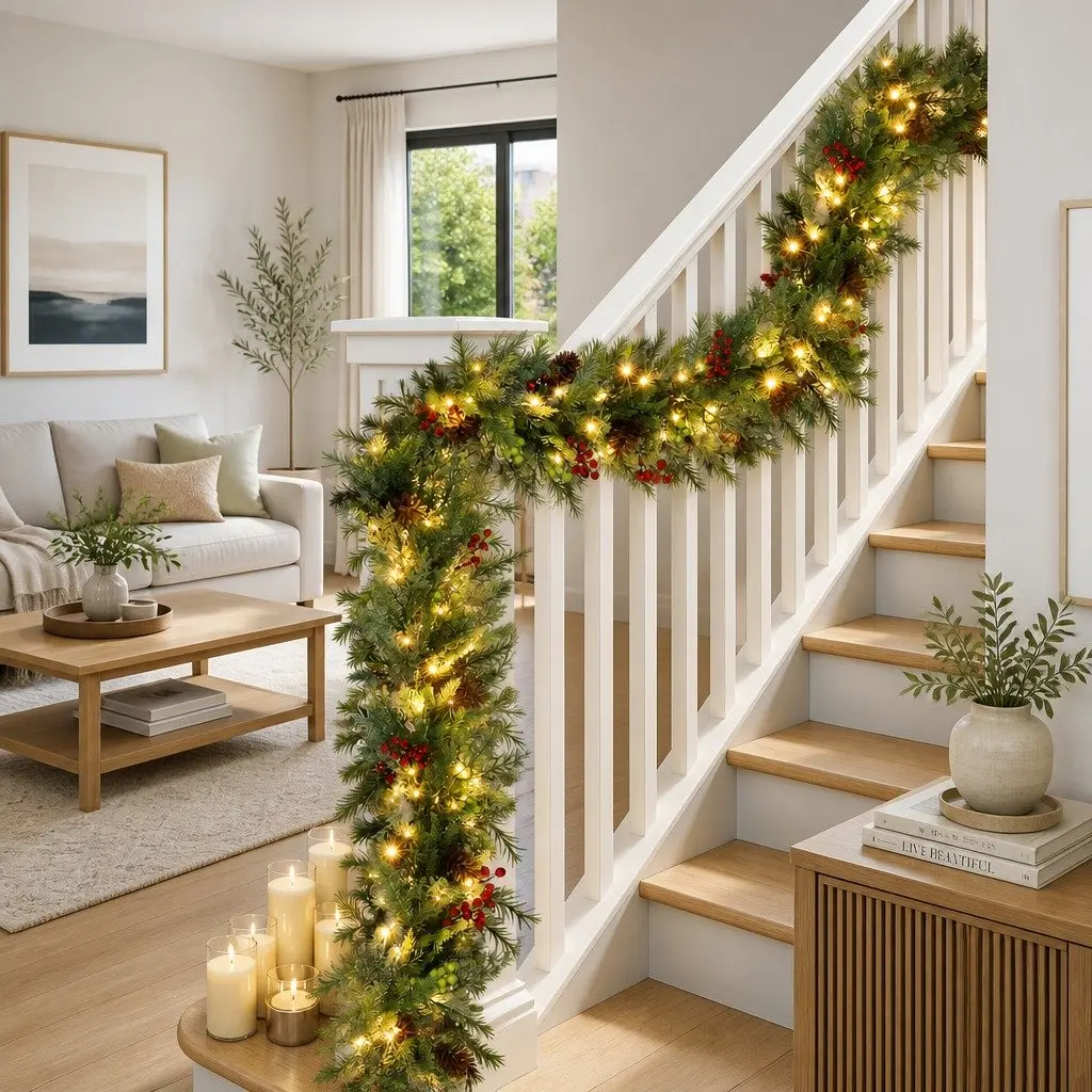 Pre-lit Christmas Garland 3 Metre Warm White LED Lights Green Pine Cones Berries Indoor Outdoor