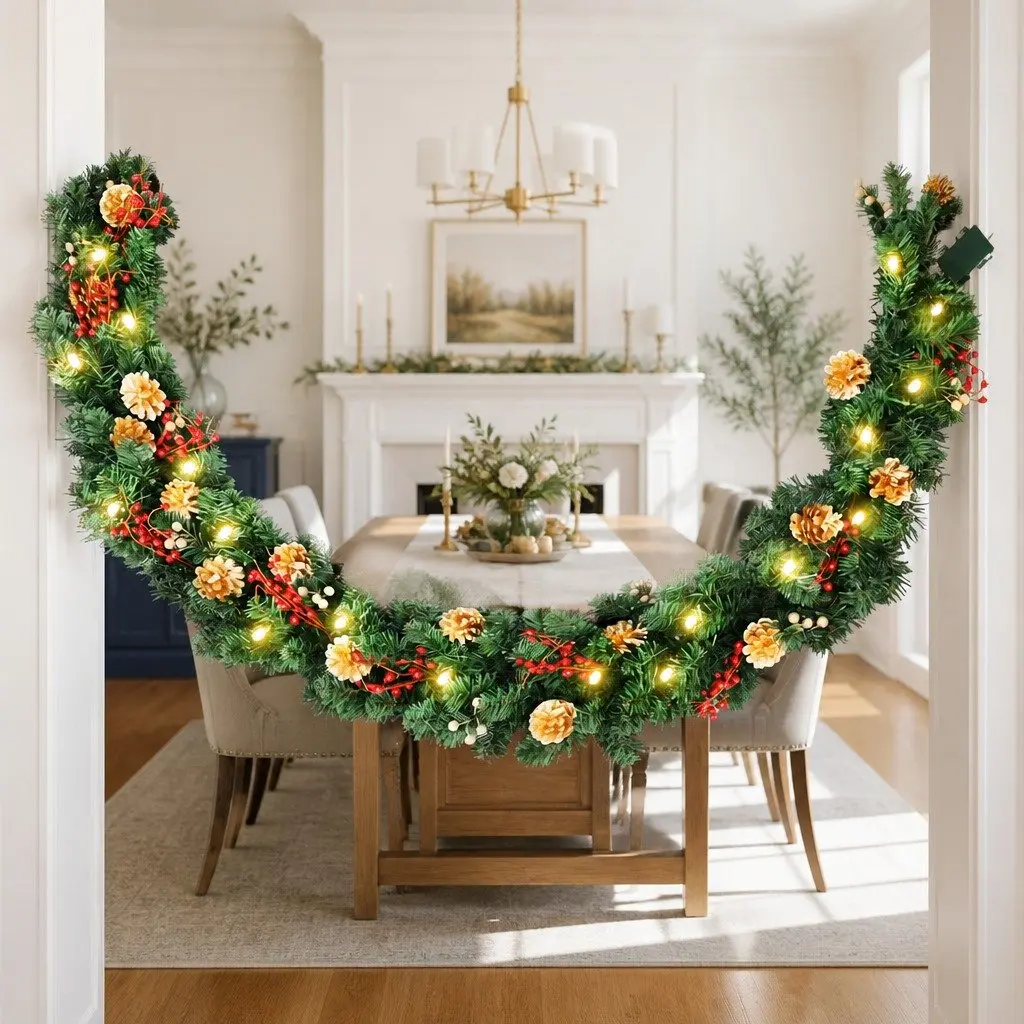 1.8M Pre-lit LED Christmas Garland with Pine Cones Berries Warm White Lights