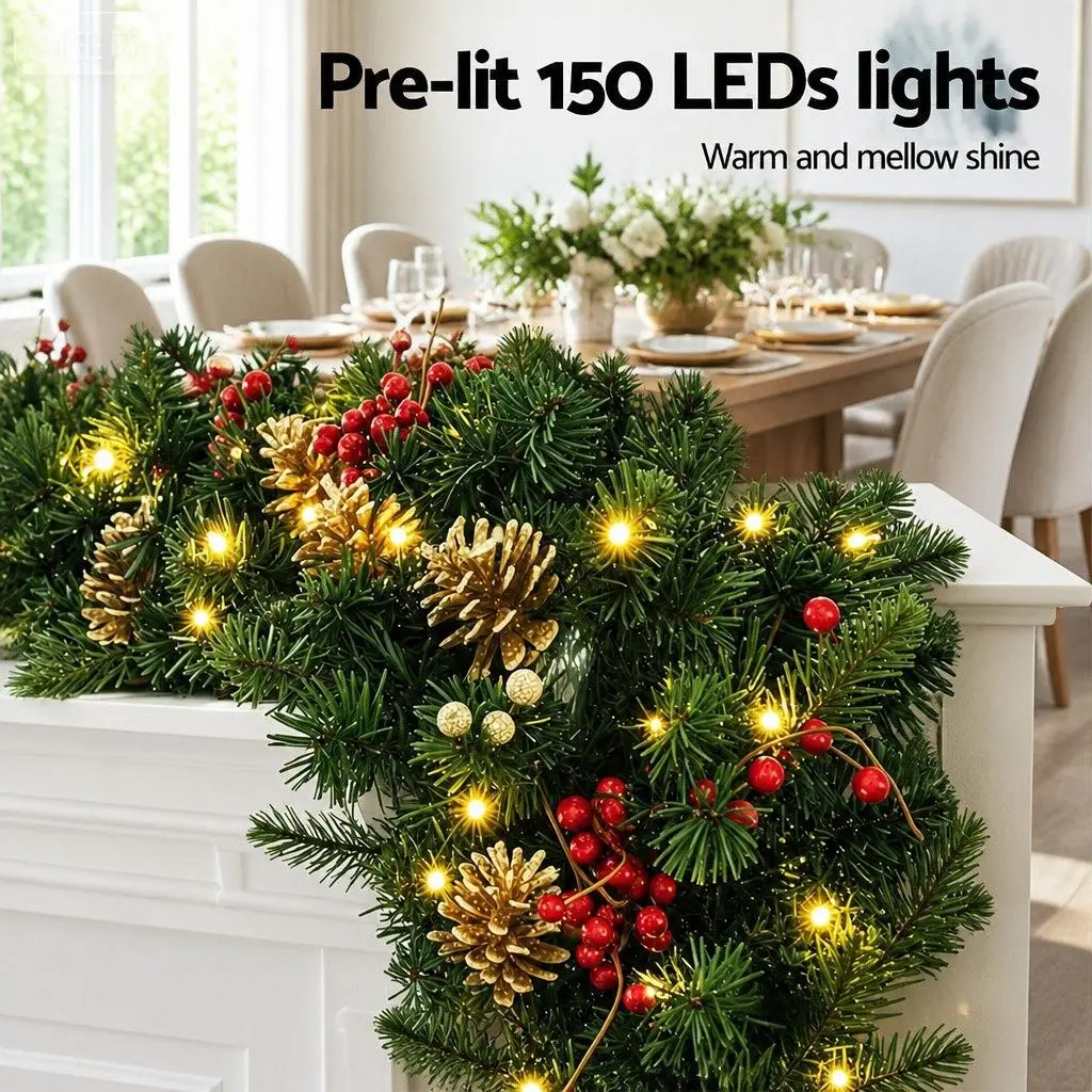 1.8M Pre-lit LED Christmas Garland with Pine Cones Berries Warm White Lights