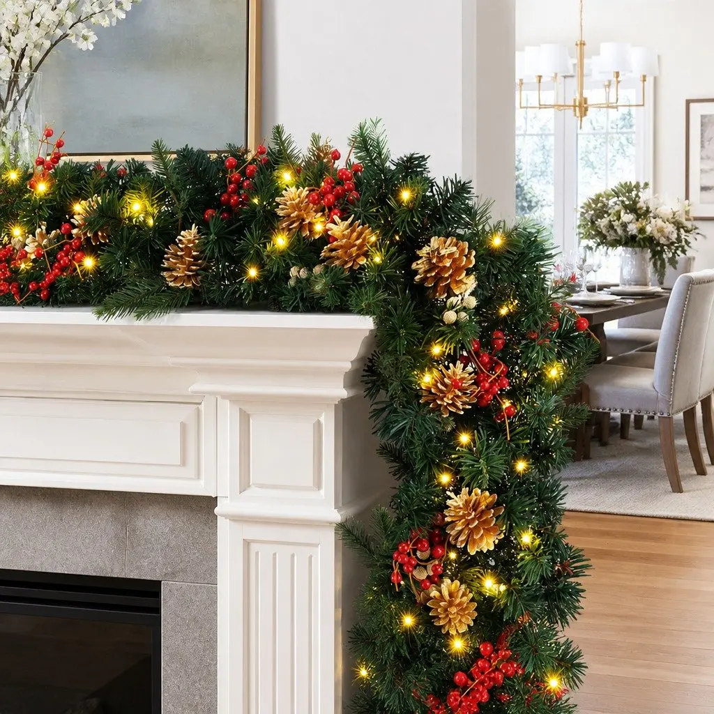 1.8M Pre-lit LED Christmas Garland with Pine Cones Berries Warm White Lights